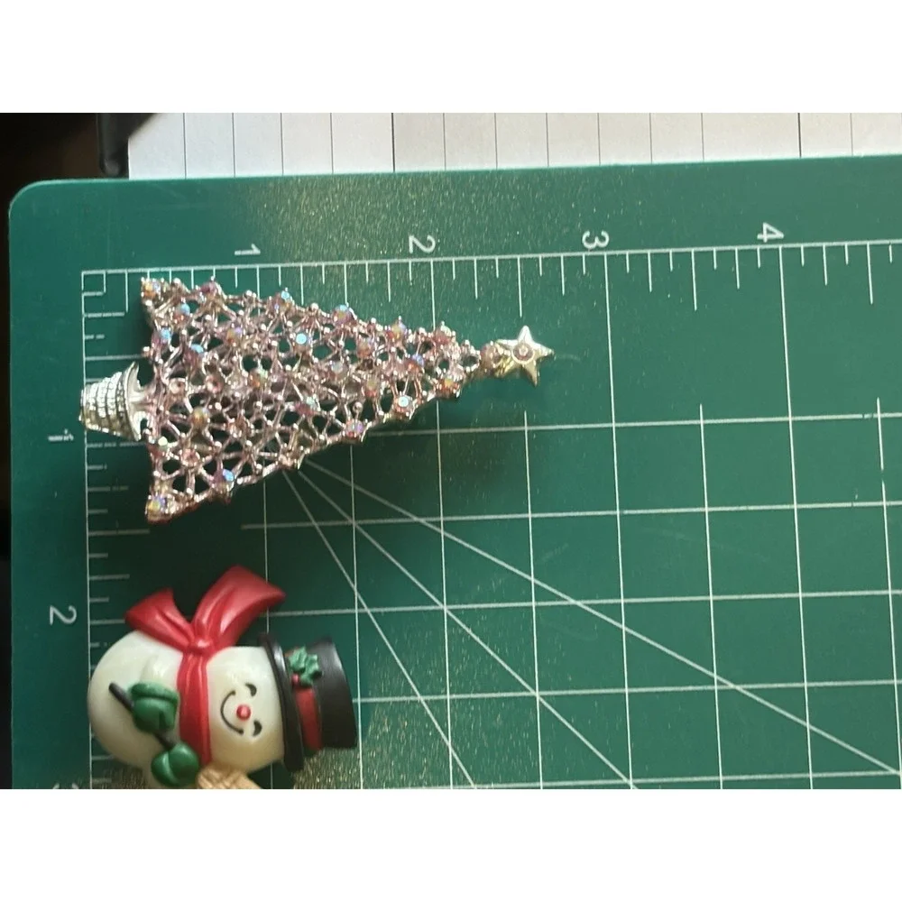 Pink Rhinestone Iridescent Christmas Tree Brooch Vintage And Cute Snowman Pin